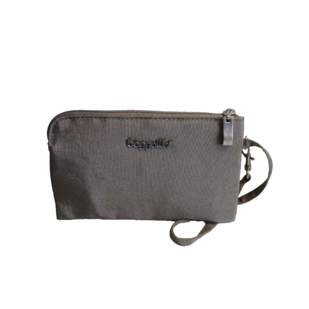 *Baggallini Gray Silver Metallic Canvas Wristlet Clutch Wallet